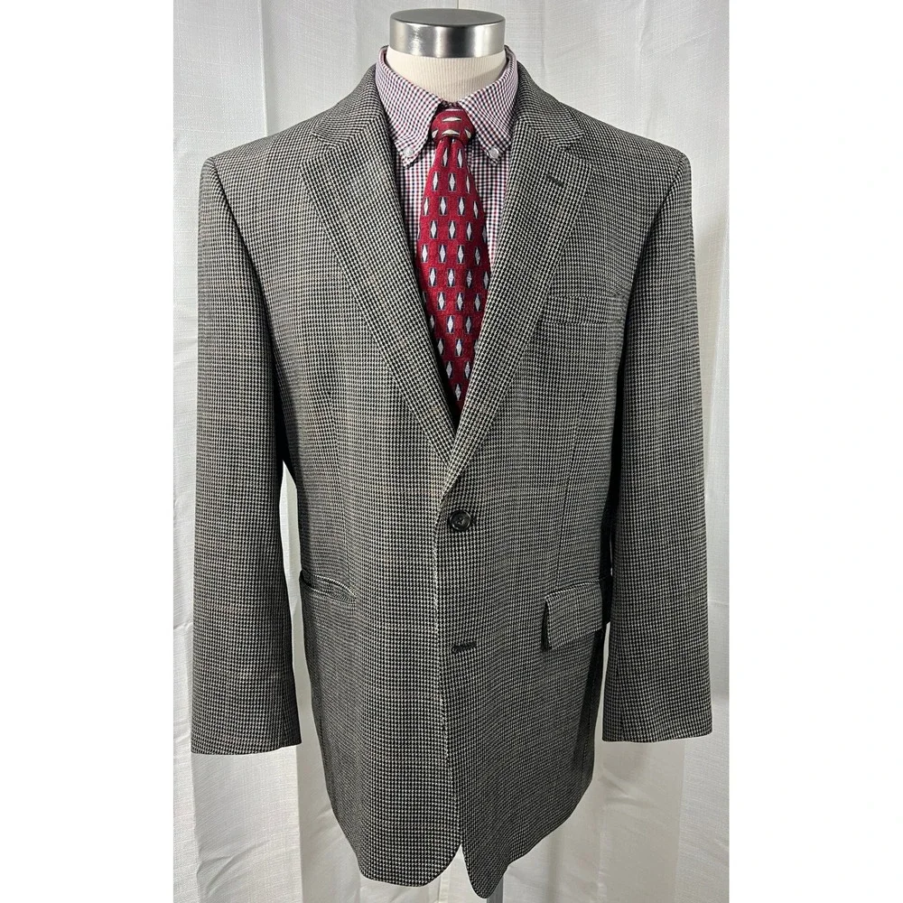 Jos A Bank Mens Grey Houndstooth Two Button Blazer Sport Coat Jacket 44R